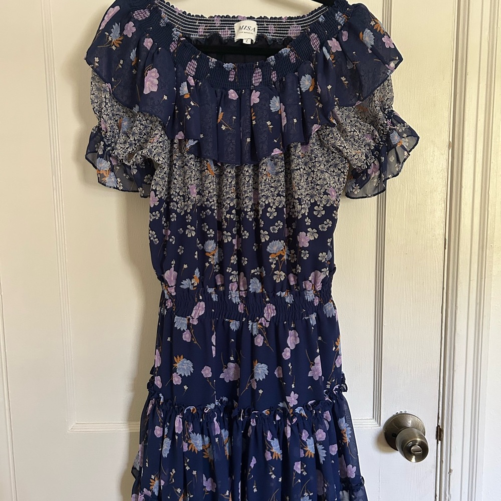 Misa Los Angeles Blue Pink Ruffled Smocked Sundress